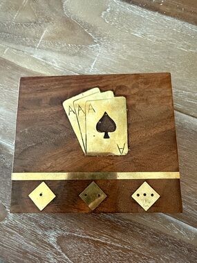 NWT Pachisi  travel  game Wooden Decorative Box with Brass Playing Card Inlay